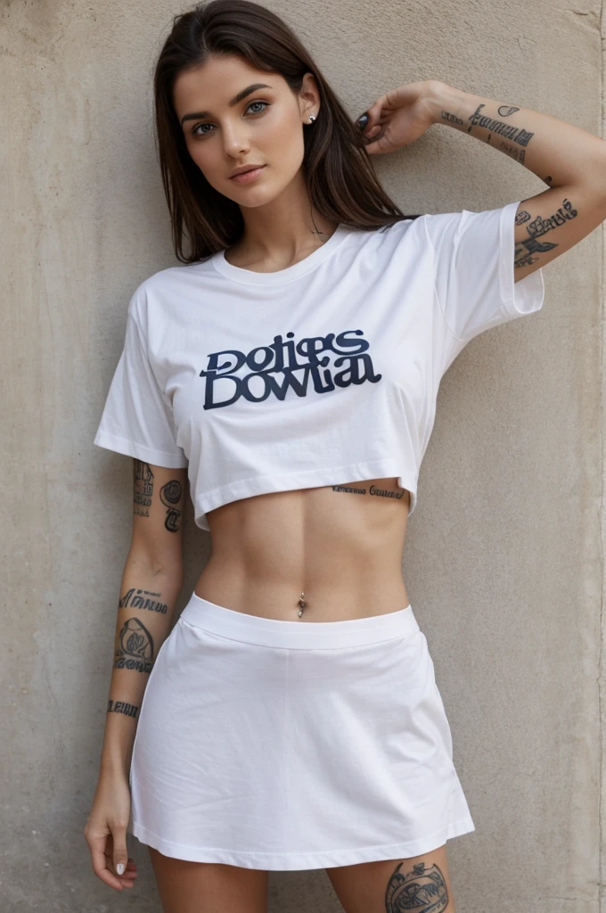 image realiste une femme en culotte et t shirt qui tire la langue et sur sont front il est tatouer BNWO