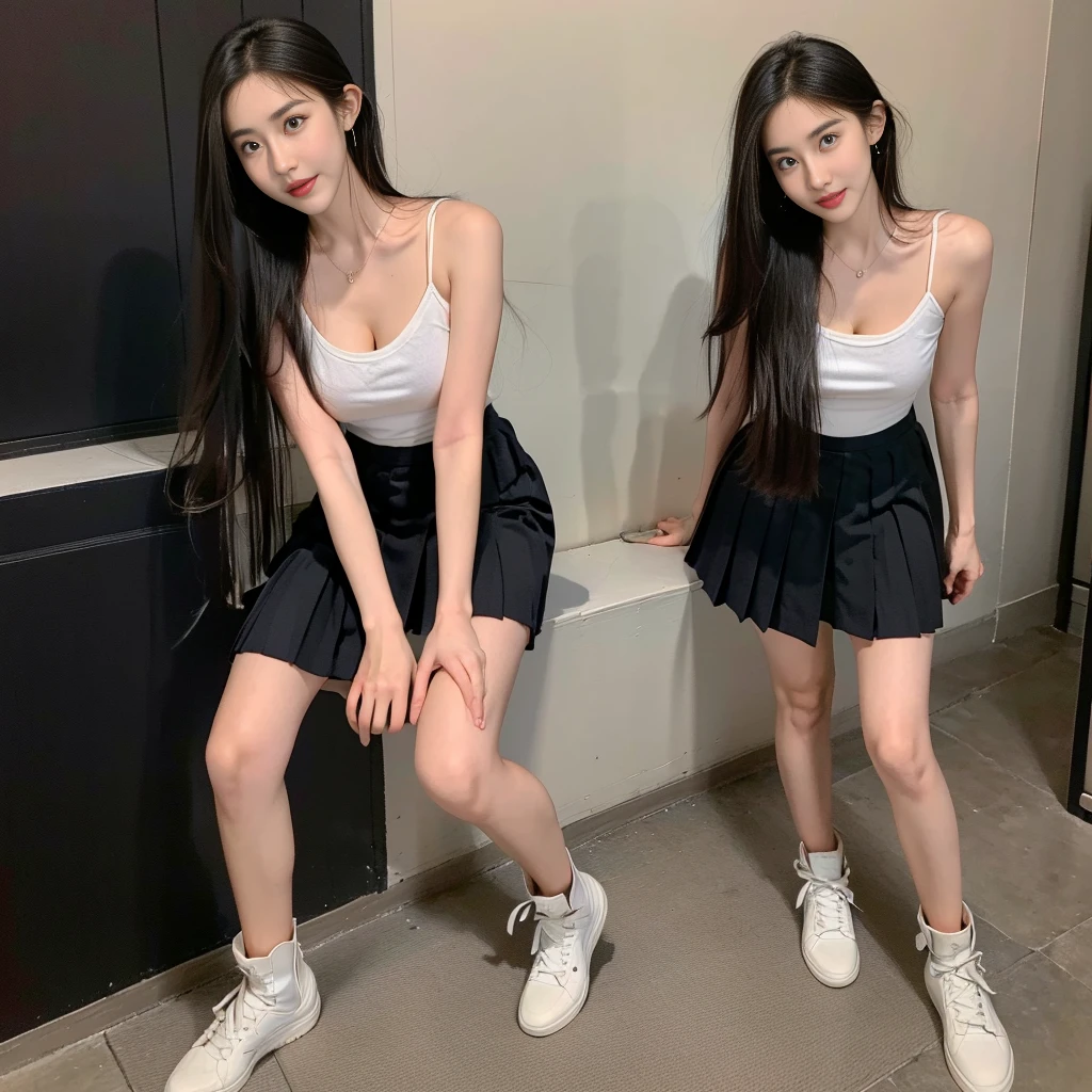 (Oversized T-shirt with excess fabric when tucked into a skirt), (Skirt full thigh), (knee-length outfit), (hair curled on both sides), (center shoes shot), ((full-body standing image)), (cover knee), (white t shirt), (Scottish pleated skirt), (bare shoulders), (bare arms), twinsies、The ultra-detailliert, (white t shirt), (cotton spaghetti-strap top), (cotton spaghetti-strap top), (cotton spaghetti-strap top), (cotton spaghetti-strap top), (long skirt), (A hem full flared skirt), (Hem full flared dress), (a girl pretty girl with perfect figure), (a photo of the night sky), (32K,1 20-year-old girl, The light from the rear room is backlit, Ray traching), (full body), (two-parted hair), (very thick hair), (Slender chest), (short upper chest), (pectoral muscles are large), (upper breasts are firm and round), (stand upright), (two shoe ends), (two shoe toes) ,(put on blush), (apply powder), (makeup), (standing), (asian girl princess), (Black non-reflective fabric for making skirt), (dark skirt), (thick thighs), (large calves), (large knees), (one-piece skirt), (seamless skirt), (long shins) , (big shins), (A hem full flared skirt), (Hem full flared dress), (A hem full flared skirt), (thighs meets knee), (black skirt), (black skirt), (black skirt), (black skirt), (knee gap), (knee gap), (knee gap), (Expose cleavage :1.3), (Scottish pleated midi skirt) (Super fine face and eyes), (Highly detailed face and skin texture, Detailed eyes, Double eyelid), (stading shot), (stading shot), , (Scottish pleated midi skirt), (Scottish pleated midi skirt), (knee-length outfit), (knee-length outfit), (knee-length outfit), (knee-length outfit), (Skirt full thigh), (Skirt full thigh), , (white sneakers), (a pair of white leather boots, highly detailed boots), (Breasts curving upwards), (Breasts pointing upwards)