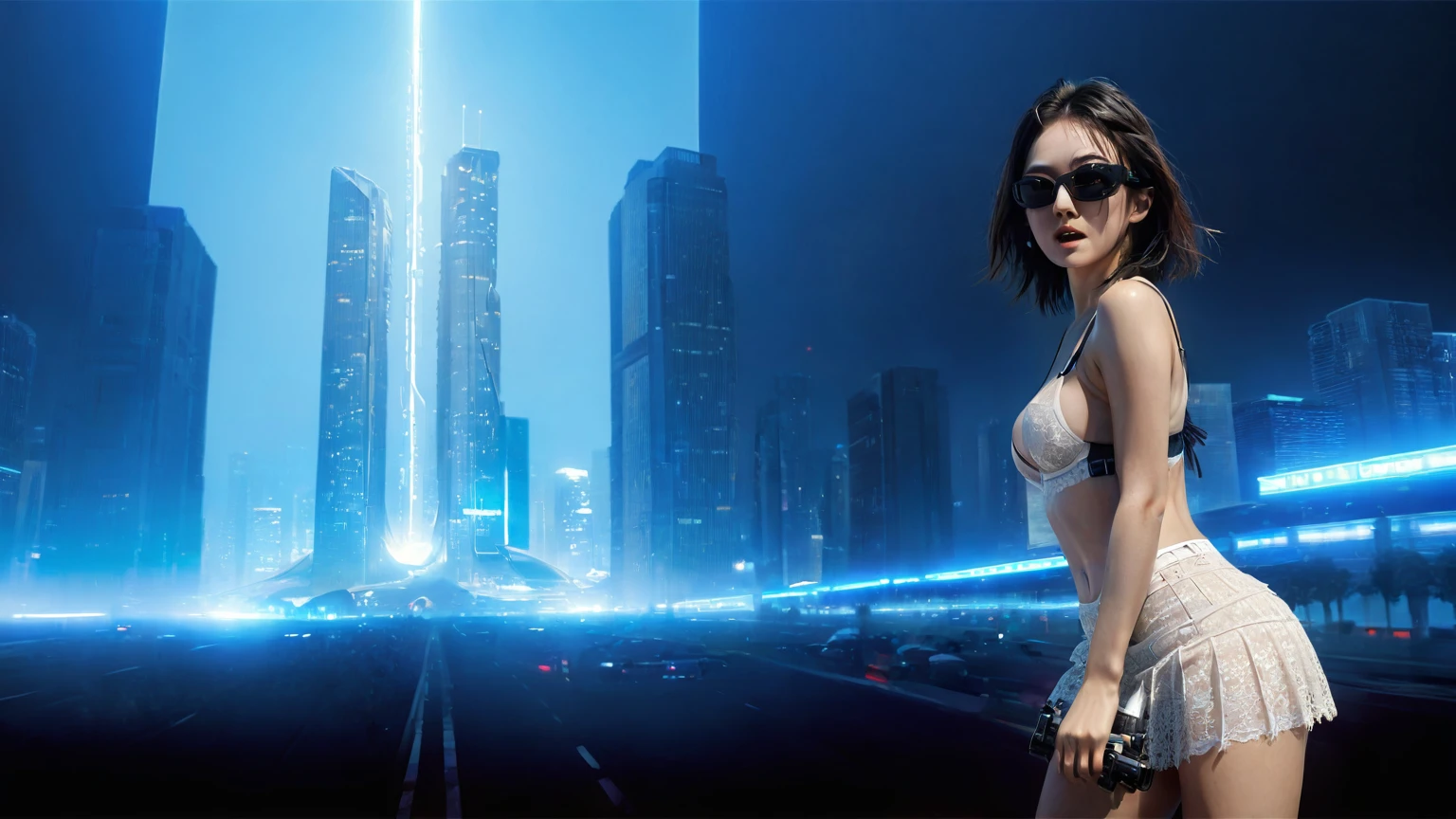UE 5, computer render, Rendered by Octane, (8K, tmasterpiece), (realistically, Photo degree:1) luminescent concept art, (((((aerial view))))) of Cyberpunk city scene, ((Surreal circuit architecture)), (((((supercars street racing, 1 drone))))). Matrix style, (((((Matrix cascading code))))), (((((a futuristic twin tower skyscraper with a unique twisted design))))), (((((OLED GUI interfaces in the building))))), at night, (((((1girl, solo))))), photo realistic, (((large-breast:1.2 slim body, cleavage))), (((off torn mini sling-shirt and black lace sling bra, extreamly short pleated lace miniskirt exposing panty))), (((((running pose))))), (((((((matrix style black micro sunglasses))))))), ((((((((((aiming with a short gun)))))))))), (((((looking at camera))))), (((very low view))), (((((half-body thigh level medium shot))))), (((cinematic lighting))).