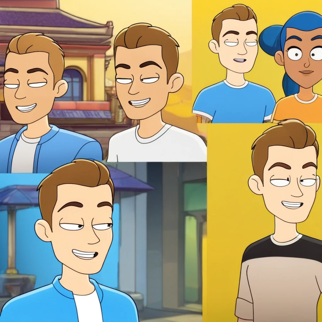 Create a high-quality cartoon avatar of a man with a happy expression. The avatar should have a detailed and expressive cartoon style with bright colors. The man has short, light brown hair, blue eye, wearing white t-shirt, blink an eye. The background should be a solid, vibrant color (like yellow) to make the avatar stand out.