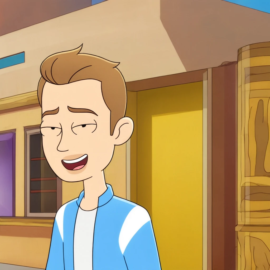 Create a high-quality cartoon avatar of a man with a happy expression. The avatar should have a detailed and expressive cartoon style with bright colors. The man has short, light brown hair, blue eye, wearing white t-shirt, blink an eye. The background should be a solid, vibrant color (like yellow) to make the avatar stand out.