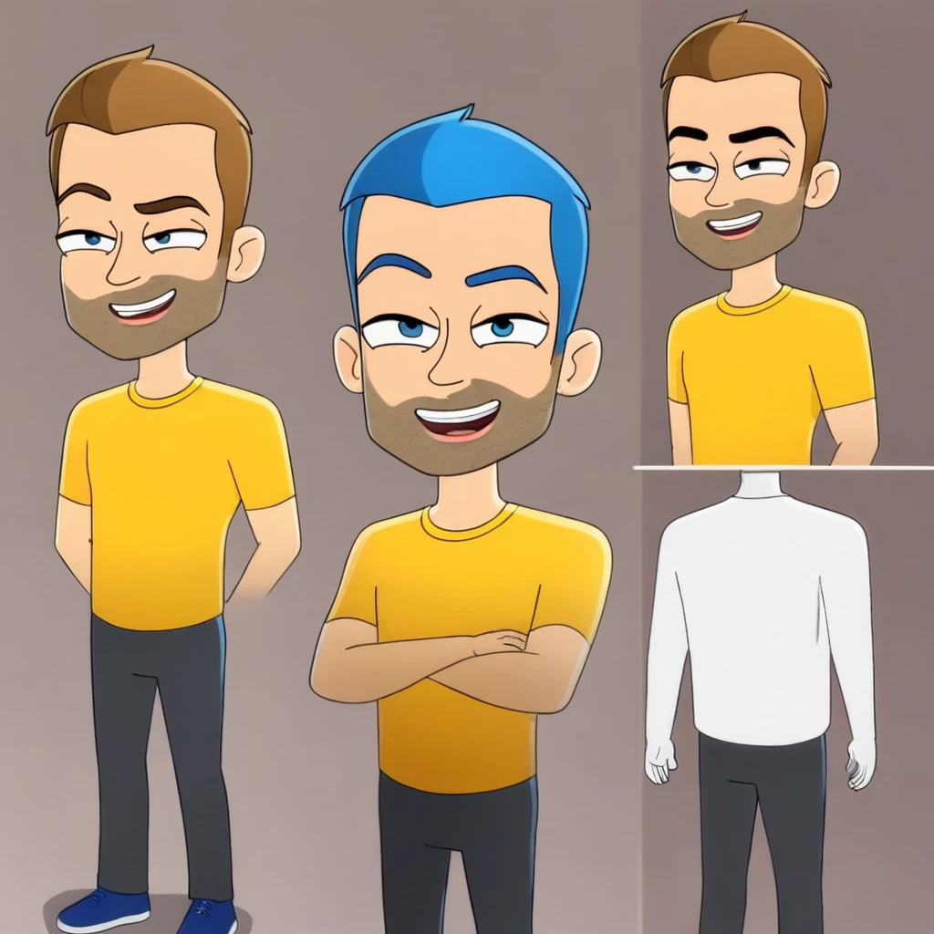 Create a high-quality cartoon avatar of a man with a happy expression. The avatar should have a detailed and expressive cartoon style with bright colors. The man has short, light brown hair, blue eye, wearing white t-shirt, blink an eye. The background should be a solid, vibrant color (like yellow) to make the avatar stand out.