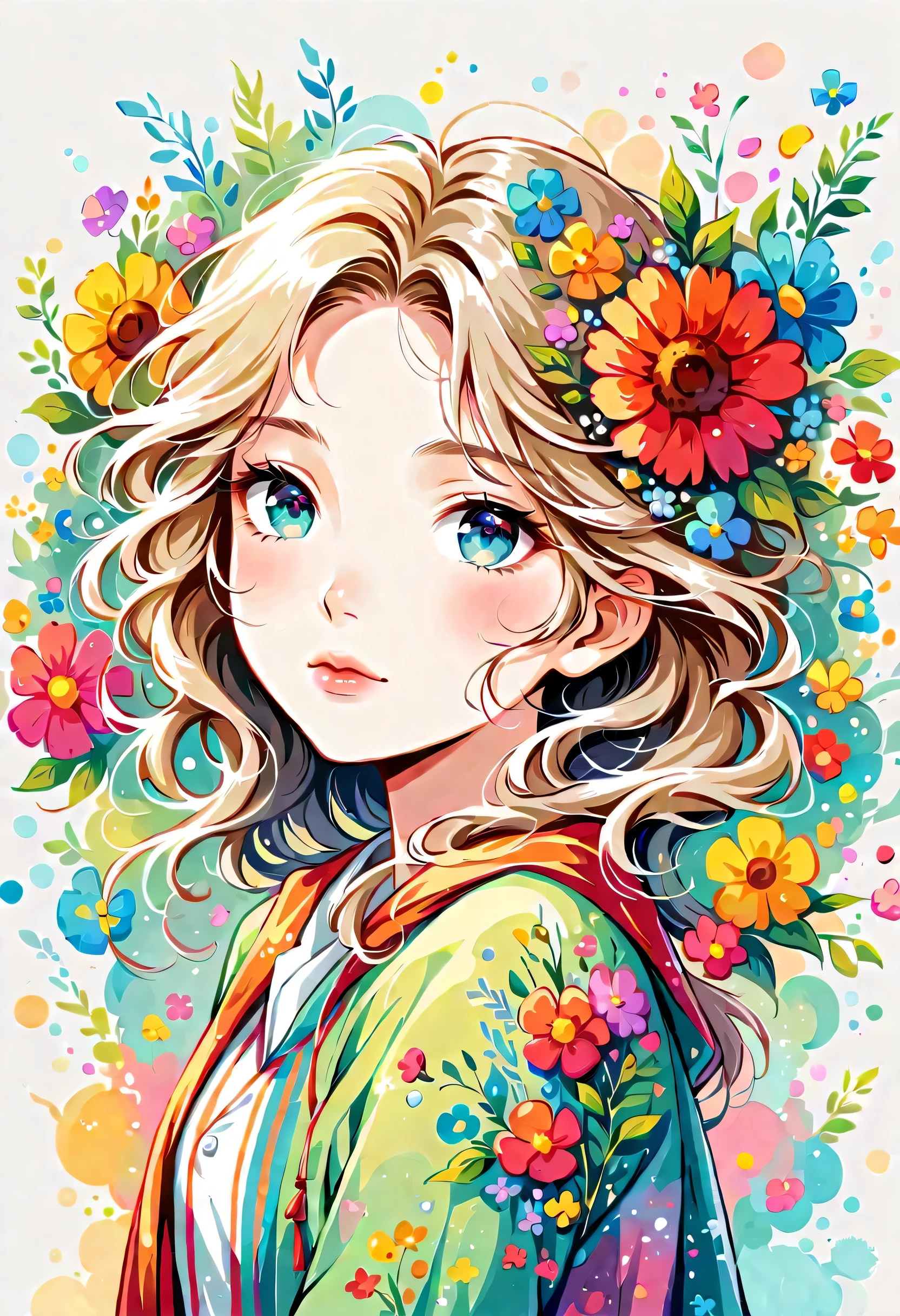 Eri Kamijo style, The most beautiful girl of all time，Lips in Love, colorful flowers, Simple Line Initialism，Abstract art，Urban Background