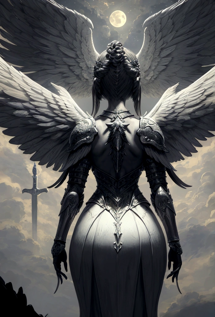 a model shot (taken from the back: 1.5), 16K, ultra detailed, masterpiece, best quality, (extremely detailed), arafed, dnd art, portrait, full body, aasimar, female, (Masterpiece 1.3, intense details), female, paladin, holy warrior, spread large feathered wings, (wings sprouting from the back: 1.3), majestic wings, white angelic wings spread (Masterpiece, intense details: 1.5), moon light, moon, stars, clouds, holy symbol, armed with sword, short blond hair, fantasy temple background, anatomically correct (Masterpiece 1.3, intense details), angel_wings, determined face, god rays, cinematic lighting, glowing light, silhouette, from outside, photorealism, panoramic view (Masterpiece 1.3, intense details) , Wide-Angle, Ultra-Wide Angle, 16k, highres, best quality, high details, armored dress
