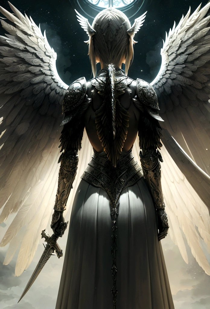 a model shot (taken from the back: 1.5), 16K, ultra detailed, masterpiece, best quality, (extremely detailed), arafed, dnd art, portrait, full body, aasimar, female, (Masterpiece 1.3, intense details), female, paladin, holy warrior, spread large feathered wings, (wings sprouting from the back: 1.3), majestic wings, white angelic wings spread (Masterpiece, intense details: 1.5), moon light, moon, stars, clouds, holy symbol, armed with sword, short blond hair, fantasy temple background, anatomically correct (Masterpiece 1.3, intense details), angel_wings, determined face, god rays, cinematic lighting, glowing light, silhouette, from outside, photorealism, panoramic view (Masterpiece 1.3, intense details) , Wide-Angle, Ultra-Wide Angle, 16k, highres, best quality, high details, armored dress
