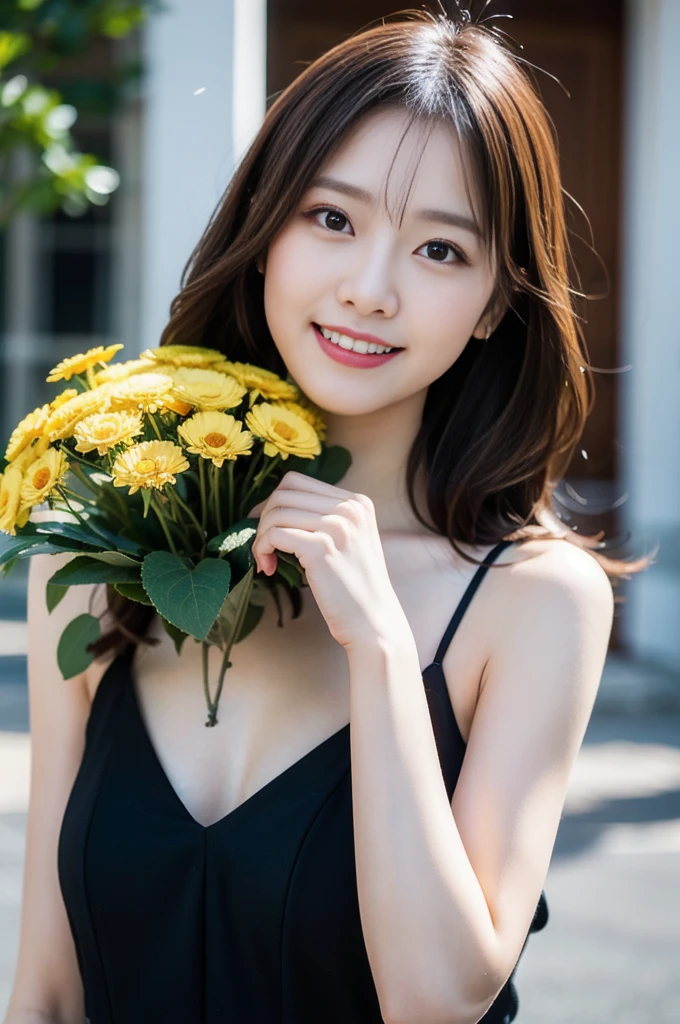 (8k, RAW Photos, highest quality、masterpiece:1.2), (Realistic、Realistic:1.37), Very detailed, High resolution, 1 girl, Laughter, View your viewers, Black Dress, Beautifully detailed face、(Holding a bouquet:1.3),Beautiful and detailed skin、Skin Texture、Floating Hair、Professional Lighting, noon