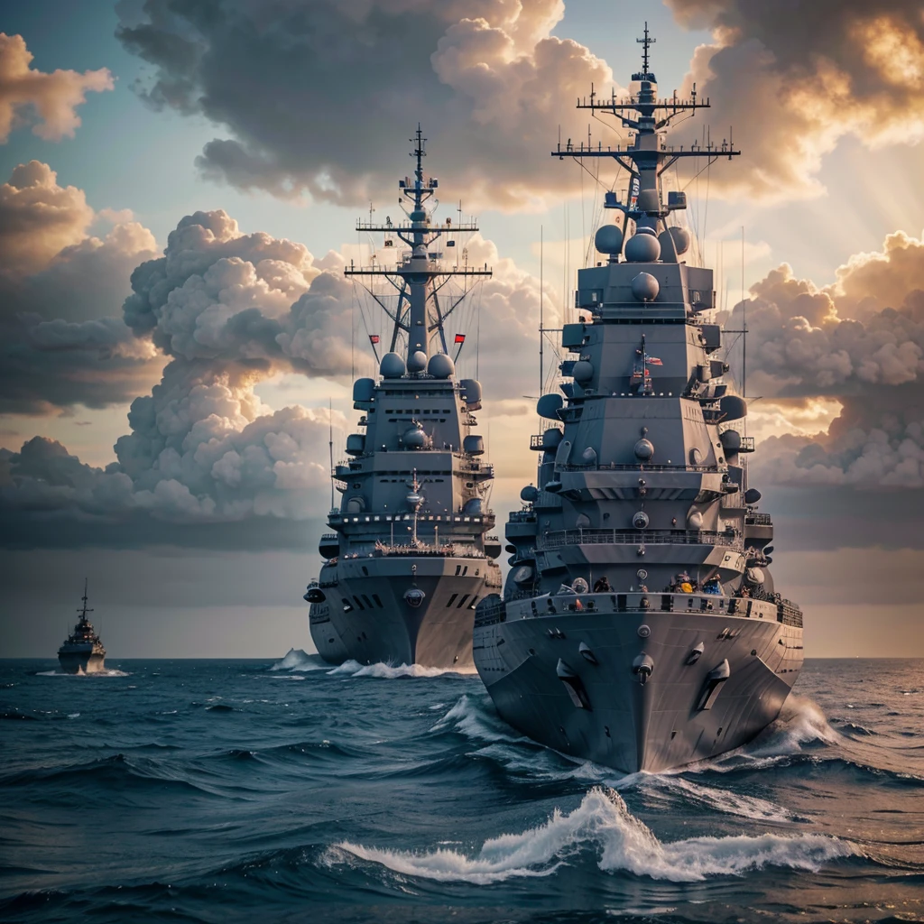 realistic naval battle scene, 1 large battleship, detailed military uniform, detailed facial features, intense battle expression, detailed canon fire, detailed smoke and explosions, detailed ocean waves, dramatic lighting, cinematic composition, photorealistic, (best quality,8k,highres,masterpiece:1.2),ultra-detailed,(realistic,photorealistic,photo-realistic:1.37),dramatic lighting,dynamic camera angle,cinematic colors,epic scale