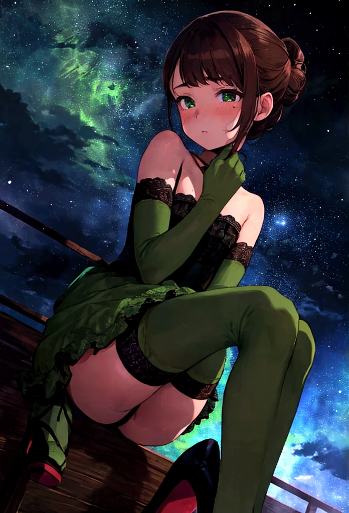 Detailed face, Fine grain, Dutch Angle, Perfect hands, from the front, One girl, ager, Young girl, TeenGirl, 15 yearsBreastsOne girl, Adult, Mature Woman, Average chest, Browsing Caution, lingerie, Avatar (series), CHAR-F Avatarseries トフ・ベイフォン シュリク作, (Brown Hair:1.2), , Poor Complex (green:1.5) Night dress, , (Long frilly elbow gloves, Lace knee socks, High heels:1.15), (Updo:1.3), Embarrassing, tears, Sitting, wave hands, On the snowy coast