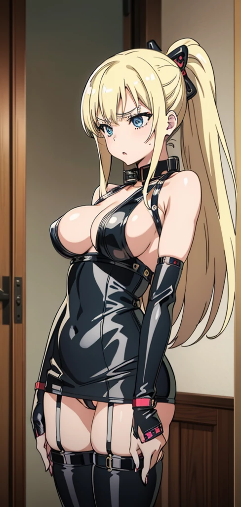 Seina Kashiwazaki, 1girl in, a blond, ponytail, hair ornament, (medium breast), bodysuit, (cowboy_shot), indoors, sleeveless, ((( mistress, dominatrix))).