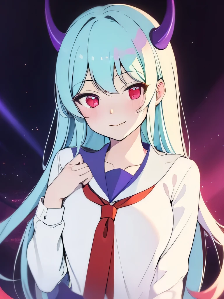 masterpiece，best quality，1 girl，Red Eyes，cyan hair，Banya，end，Purple corners smooth，White school uniform，Smile，Love gestures，lust