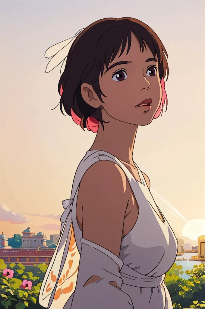 A woman in a white dress poses for a photo, Beautiful Latin face, Ghibli style, ((masterpiece)),((best quality)),(detailed),illustration,8K,rich and colorful, High contrast