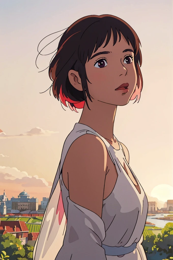 A woman in a white dress poses for a photo, Beautiful Latin face, Ghibli style, ((masterpiece)),((best quality)),(detailed),illustration,8K,rich and colorful, High contrast