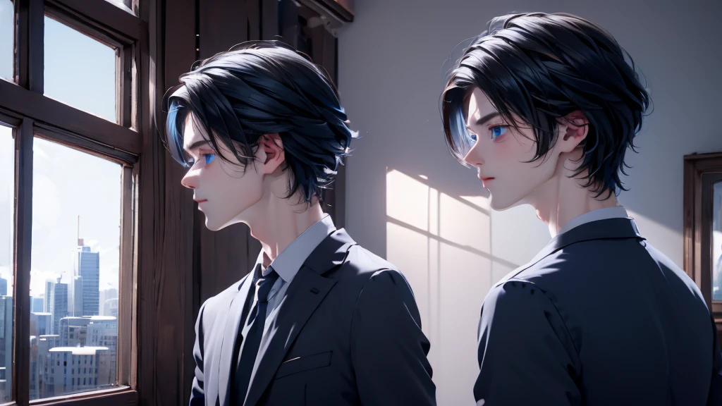 1 Boy&Girl , Boy medium light black hair, Girl medium light blue hair, light blue eyes, wearing black suit, night city, 18+ , high res, ultrasharp, 8K, masterpiece, looking from behind