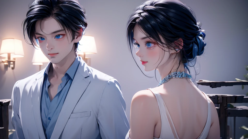 1 Boy&Girl , Boy medium light black hair, Girl medium light blue hair, light blue eyes, wearing black suit, night city, 18+ , high res, ultrasharp, 8K, masterpiece, looking from behind
