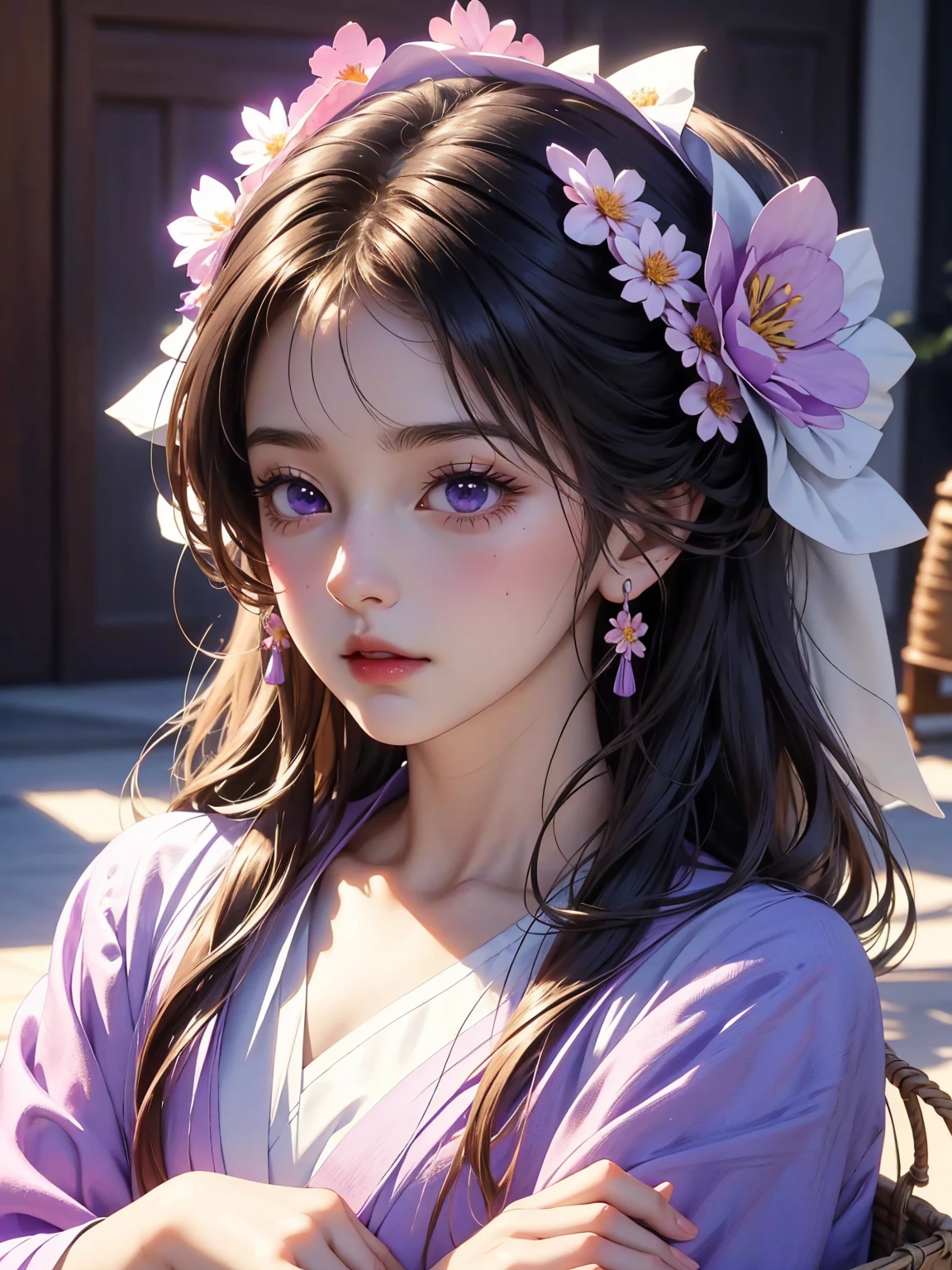 There was a girl with a basket of flowers on her head,Gorgeous and fashionable purple clothes, Realistic anime 3D style, Realistic animation girl render, 3D animation realistic, Anime styled 3d, Rendering a cute 3D anime girl, Realistic animation, surreal anime, Anime realism style, Anime style. 16K