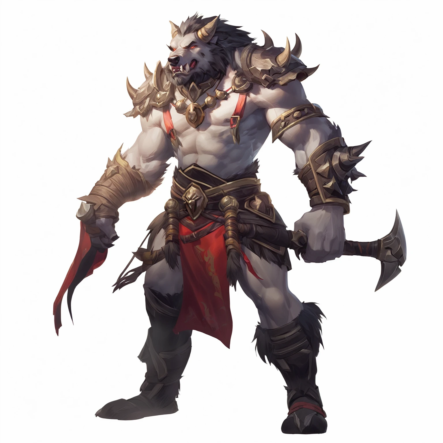 Close up of a cartoon character with horned face, minotaur wolf, Riot Games Concept Art, Dota 2 concept art, League of Legends concept art, Blizzard game concept art, World of Warcraft concept art, World of Warcraft style, author:Yang Jie, Blizzard concept art, Berserker Portrait, Tauren, Anthropology Concept Art