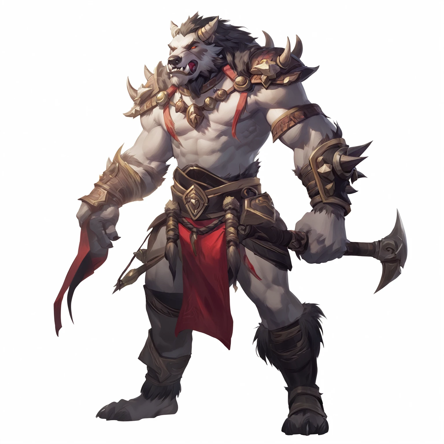 Close up of a cartoon character with horned face, minotaur wolf, Riot Games Concept Art, Dota 2 concept art, League of Legends concept art, Blizzard game concept art, World of Warcraft concept art, World of Warcraft style, author:Yang Jie, Blizzard concept art, Berserker Portrait, Tauren, Anthropology Concept Art