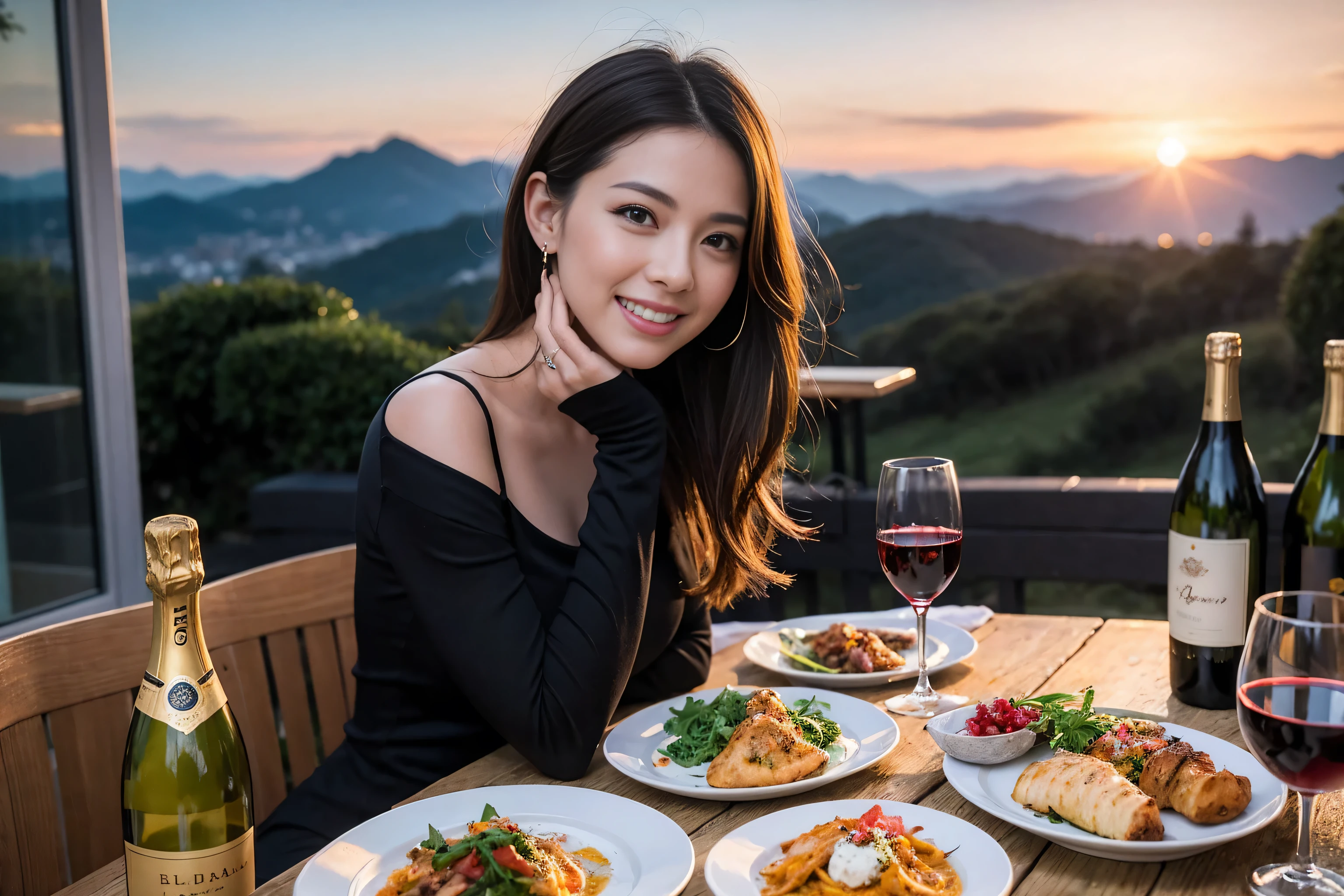 ((highest quality、8k、masterpiece:1.3))、1 male、1 female、spouse、Beautiful couple、smile、full-course dinner (Slim face), (the body is スリム), (Brown Hair), (ShortcutsHair), Wine glass on the table、Please shine a light on my face、 Amazing view of the sunset sky and clouds、Amazing mountain views、The beauty of a smile、Bright image、Blushing, Shortcuts,Bright Face、 (42 years old), 39 years old, red wine 、Appetizers、Italian food、Wine bottle、Champagne、sparkling wine、Long sleeve shirt、dress、Attractive beauty、restaurant, Nova Frog Style, actress, model, Upper Body, White wine, red wine, wine glass,