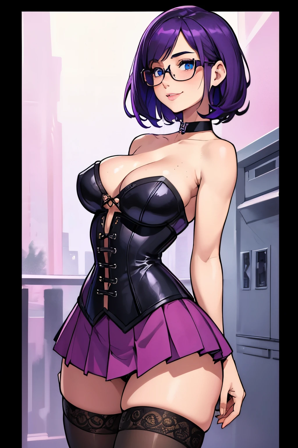 Beautiful young ager, 1girl, purple hair, blue eyes, extremely short hair, freckles on face, happy, smiling, blushing, thin frame eyeglasses, thick lips, full lips, huge breasts, extreme cleavage, deep cleavage, very thin body, strapless corset, sleeveless, bare arms, midriff, choker, tiny pleated miniskirt, thigh high legwear, perfect anatomy, fancy apartment background, detailed background, ultra-detailed, 4k, 8k, best quality, masterpiece