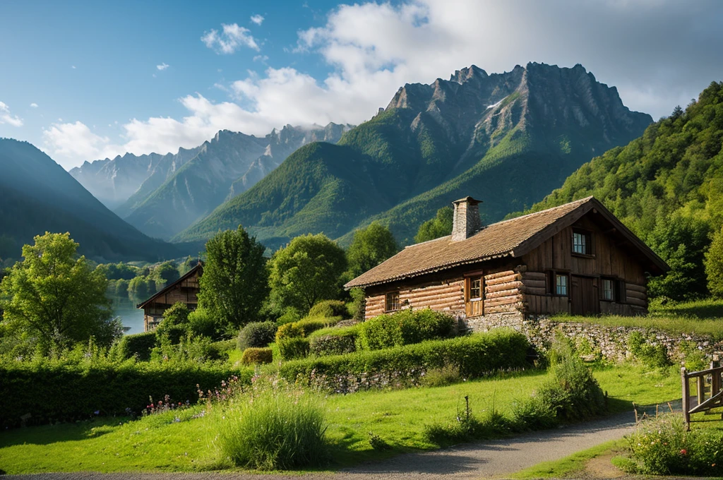 wonderfull landsape with mountains and forest, we can see a old and vintage little wood cabine close to a lake in a far. foggy, dreaming,