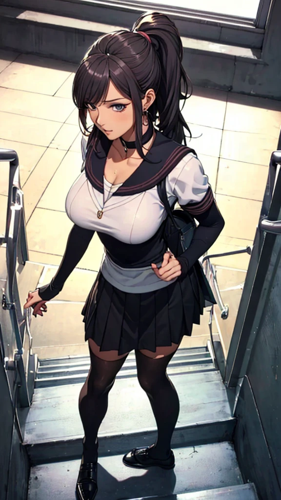 (((highest quality, High resolution, , Pixel Perfect, 4K))),((Correct Anatomy))、((Sailor suit))、(((School stairs))), ((背後からLow - Angle)),((highest quality)), ((Complex and detailed)), ((Black knee-high socks)), ((Mini Pleated Skirt))、An absurd solution, Mature Woman, Mature Woman, perspective, Very detailed,(((Full Body Shot)))、Great style、(Long Hair)、glamorous、Beautiful legs、mini skirt、black tights、(((The whole body is visible))), One Woman, ((ponytail)), Perfect hands, Detailed fingers, Beautiful details, Black choker, Earrings, Black Stockings, Perfect Eyes, Seductive eyes,(Low - Angle)
