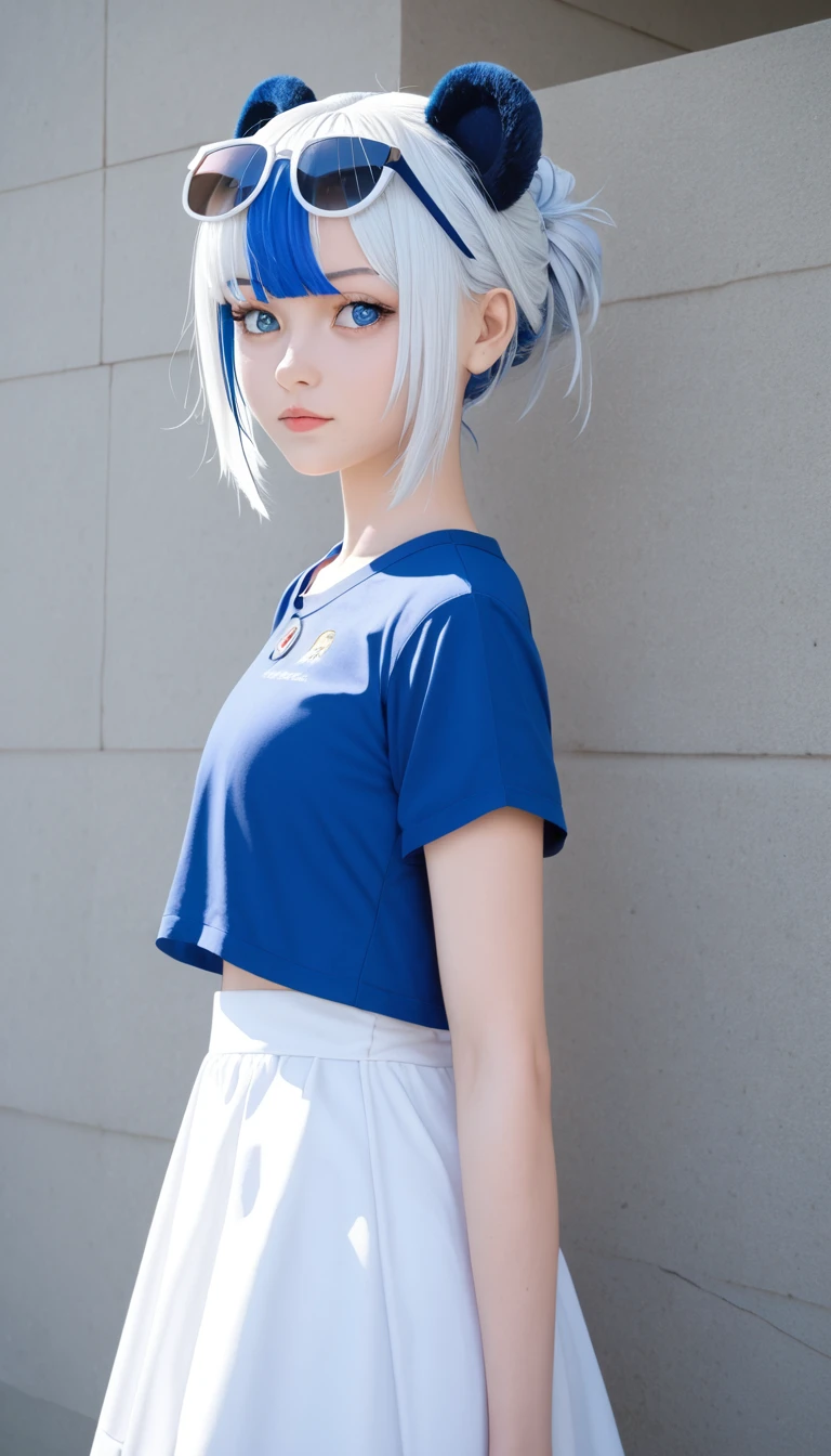 Solitary, (((masterpiece, best quality))) ,  (from the side:0.95), shadow_plum, Li Dousha, panda_ear, Bangs, only_Shoulder, blue_Eye, Glasses_exist_head, hair_between_Eye, lexistg_hair,  sunglasses, Very_lexistg_hair, 1 Girl, [white hair, streaked hair, blue hair],