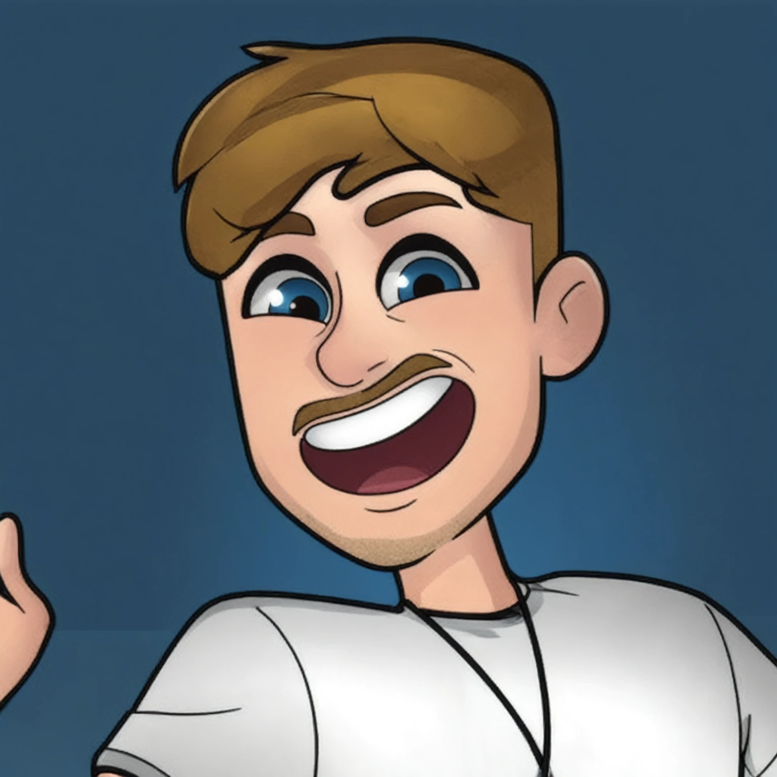 Create a high-quality cartoon avatar of a man with a happy expression. The avatar should have a detailed and expressive cartoon style with bright colors. The man has short, light brown hair, blue eye, wearing white t-shirt, blink an eye. The background should be a solid, vibrant color (like yellow) to make the avatar stand out.