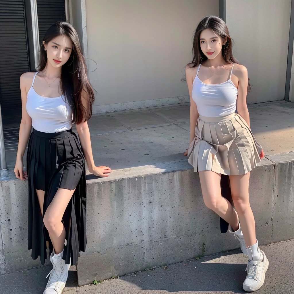 (Oversized T-shirt with excess fabric when tucked into a skirt), (Skirt full thigh), (knee-length outfit), (hair curled on both sides), (center shoes shot), ((full-body standing image)), (cover knee), (white t shirt), (Scottish pleated skirt), (bare shoulders), (bare arms), twinsies、The ultra-detailliert, (white t shirt), (cotton spaghetti-strap top), (cotton spaghetti-strap top), (cotton spaghetti-strap top), (cotton spaghetti-strap top), (long skirt), (A hem full flared skirt), (Hem full flared dress), (a girl pretty girl with perfect figure), (a photo of the night sky), (32K,1 20-year-old girl, The light from the rear room is backlit, Ray traching), (full body), (two-parted hair), (very thick hair), (Slender chest), (short upper chest), (pectoral muscles are large), (upper breasts are firm and round), (stand upright), (two shoe ends), (two shoe toes) ,(put on blush), (apply powder), (makeup), (standing), (asian girl princess), (Black non-reflective fabric for making skirt), (dark skirt), (thick thighs), (large calves), (large knees), (one-piece skirt), (seamless skirt), (long shins) , (big shins), (A hem full flared skirt), (Hem full flared dress), (A hem full flared skirt), (thighs meets knee), (black skirt), (black skirt), (black skirt), (black skirt), (knee gap), (knee gap), (knee gap), (Expose cleavage :1.3), (Scottish pleated midi skirt) (Super fine face and eyes), (Highly detailed face and skin texture, Detailed eyes, Double eyelid), (stading shot), (stading shot), , (Scottish pleated midi skirt), (Scottish pleated midi skirt), (knee-length outfit), (knee-length outfit), (knee-length outfit), (knee-length outfit), (Skirt full thigh), (Skirt full thigh), , (white sneakers), (a pair of white leather boots, highly detailed boots), (Breasts curving upwards), (Breasts pointing upwards)
