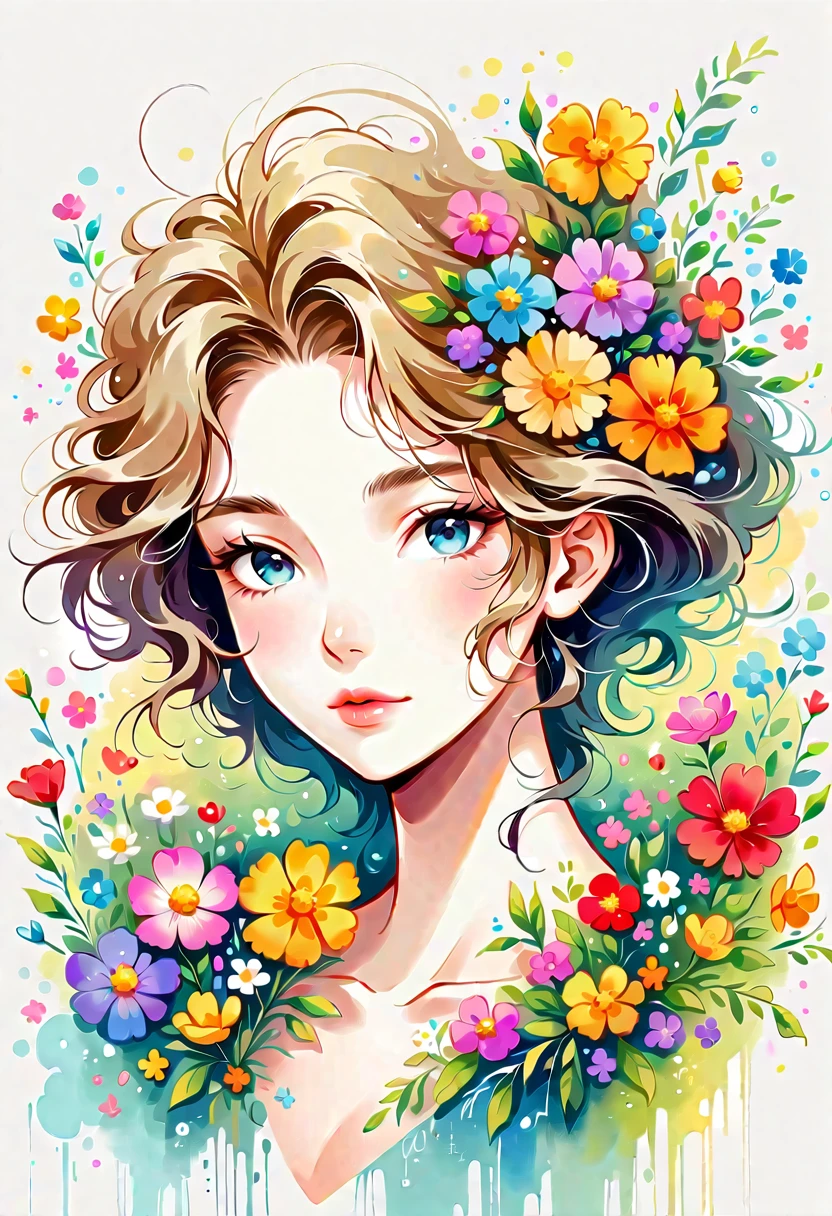 Yuusuke Nakamura style, The most beautiful girl of all time,Lips in Love, colorful flowers, Simple Line Initialism,Abstract art,Urban Background