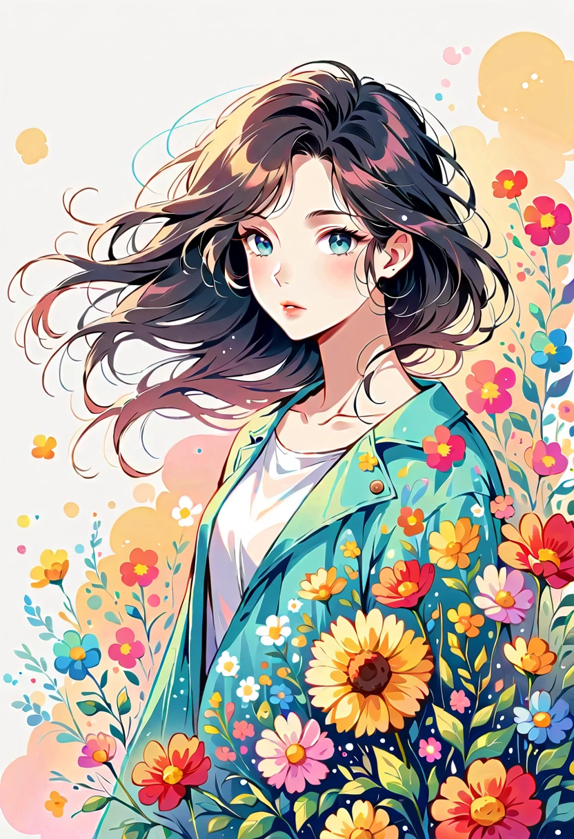 Yuusuke Nakamura style, The most beautiful girl of all time，Lips in Love, colorful flowers, Simple Line Initialism，Abstract art，Urban Background