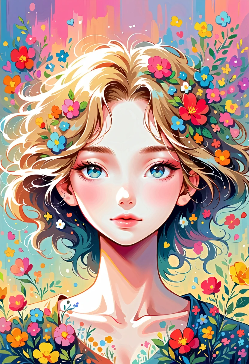 Yuusuke Nakamura style, The most beautiful girl of all time,Lips in Love, colorful flowers, Simple Line Initialism,Abstract art,Urban Background