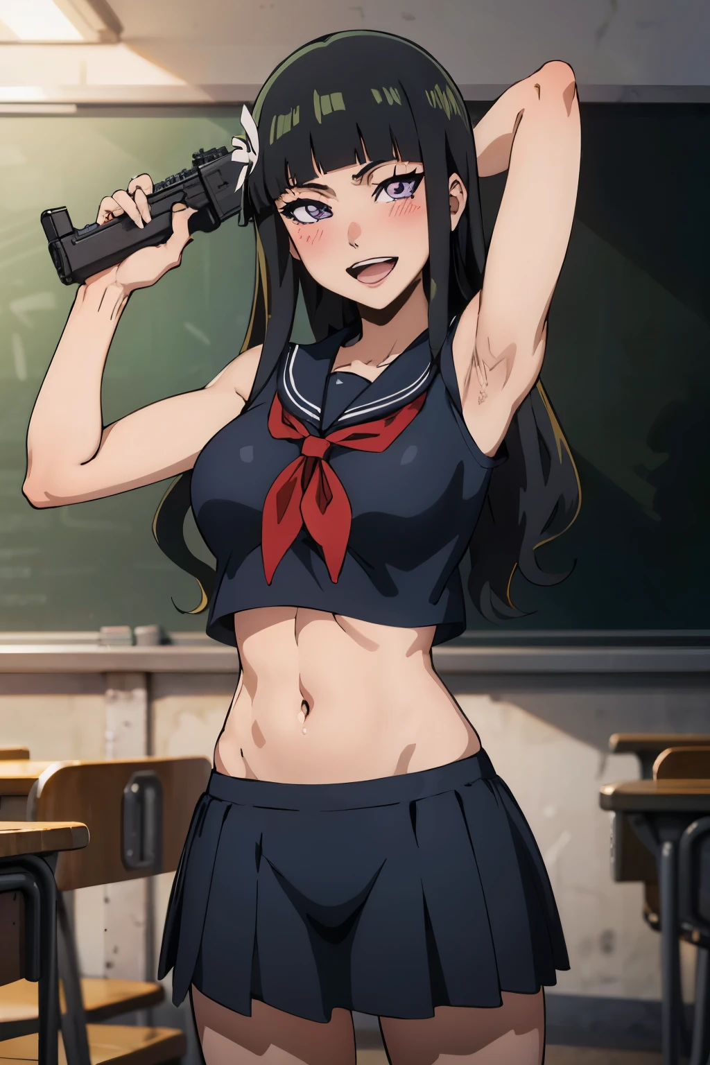  cyan_sung-sun, 1girl, solo, long black hair, purple eyes , large breasts, blush, lipstick, long hair, crazy eyes , masterpiece, best quality, highly detailed, a anime girls in sailor uniforms with a gun posing for a picture,
evil smile, smile, open mouth,black_serafuku, ecchi anime style, anime girls , 
ecchi style, ecchi, shipgirls, digital anime art!!, high school girls, holding a gun, hold a gun, anime style 4
k, micro skirt, exposed belly, exposed navel, exposed midriff,
exposed lower belly,school, classroom