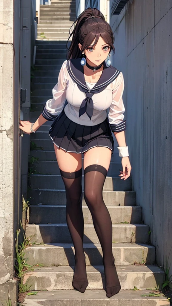 (((highest quality, High resolution, , Pixel Perfect, 4K))),((Correct Anatomy))、((Sailor suit))、(((School stairs))), ((背後からLow - Angle)),((highest quality)), ((Complex and detailed)), ((Black knee-high socks)), ((Mini Pleated Skirt))、An absurd solution, Mature Woman, Mature Woman, perspective, Very detailed,(((Full Body Shot)))、Great style、(Long Hair)、glamorous、Beautiful legs、mini skirt、black tights、(((The whole body is visible))), One Woman, ((ponytail)), Perfect hands, Detailed fingers, Beautiful details,  Black choker, Earrings, Black Stockings, Perfect Eyes, Seductive eyes,(Low - Angle)