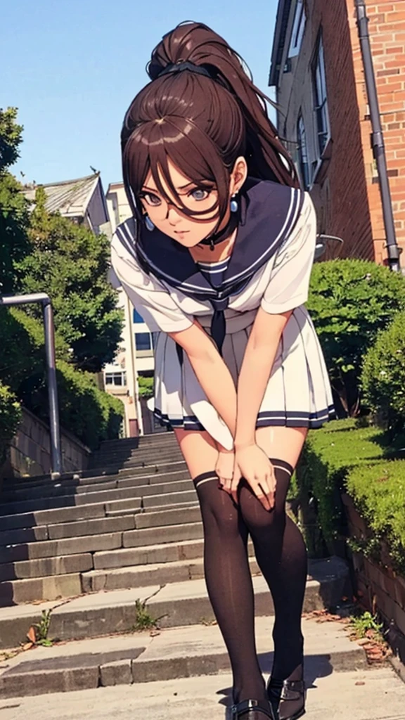 (((highest quality, High resolution, , Pixel Perfect, 4K))),((Correct Anatomy))、((Sailor suit))、(((School stairs))), ((背後からLow - Angle)),((highest quality)), ((Complex and detailed)), ((Black knee-high socks)), ((Mini Pleated Skirt))、An absurd solution, Mature Woman, Mature Woman, perspective, Very detailed,(((Full Body Shot)))、Great style、(Long Hair)、glamorous、Beautiful legs、mini skirt、black tights、(((The whole body is visible))), One Woman, ((ponytail)), Perfect hands, Detailed fingers, Beautiful details,  Black choker, Earrings, Black Stockings, Perfect Eyes, Seductive eyes,(Low - Angle)