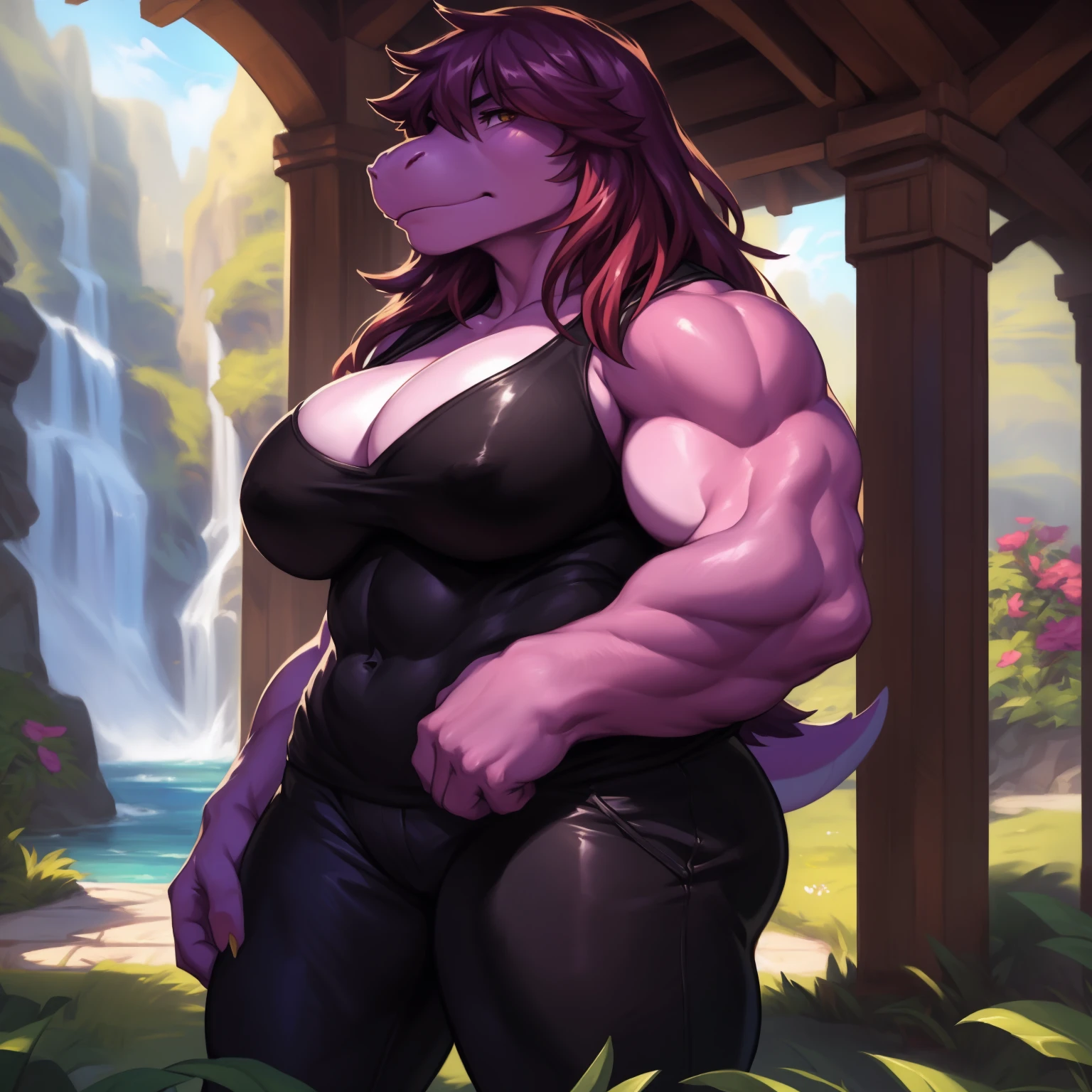 susie, susie deltarune, muscular, strong, plump, heavy, dragon, short stack, female, arnold schwarzenegger, large breasts, bodybuilder pose uploaded on e621, (detailed background, depth of field), (intricate:1.1), (high detail:1.2), (soft focus), (masterpiece, best quality, 4k, 2k, shaded, absurd res), by CyanCapsule, by Chunie, by Hallogreen