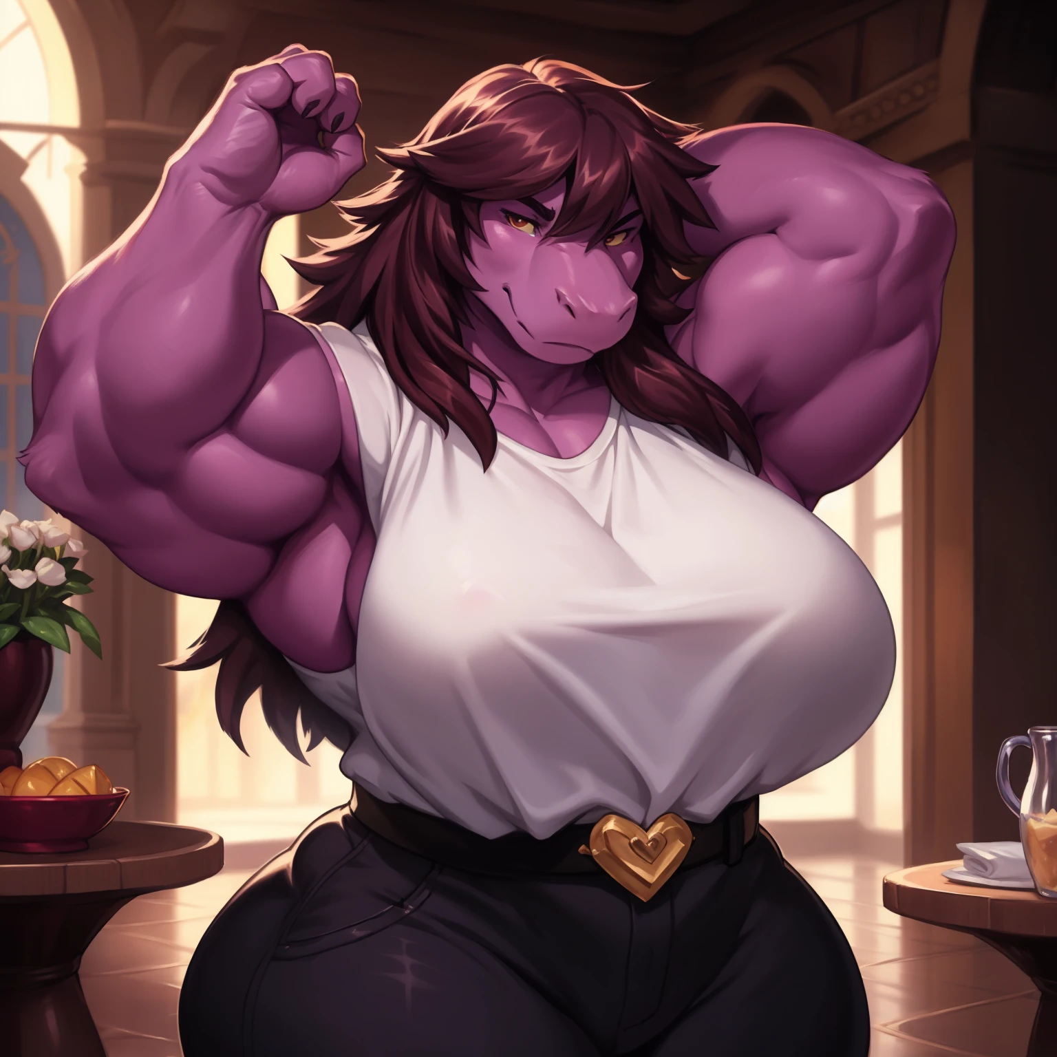 susie, susie deltarune, muscular, strong, plump, heavy, dragon, short stack, female, arnold schwarzenegger, large breasts, bodybuilder pose uploaded on e621, (detailed background, depth of field), (intricate:1.1), (high detail:1.2), (soft focus), (masterpiece, best quality, 4k, 2k, shaded, absurd res), by CyanCapsule, by Chunie, by Hallogreen