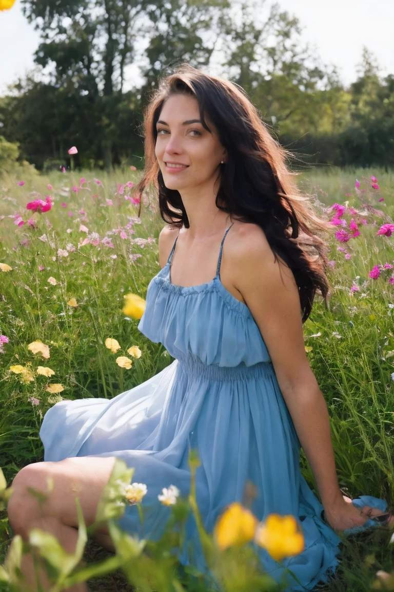 front view, Stunning and happy woman with long curly dark hair., Wearing a blue dress, sitting in a field of beautiful flowers.
