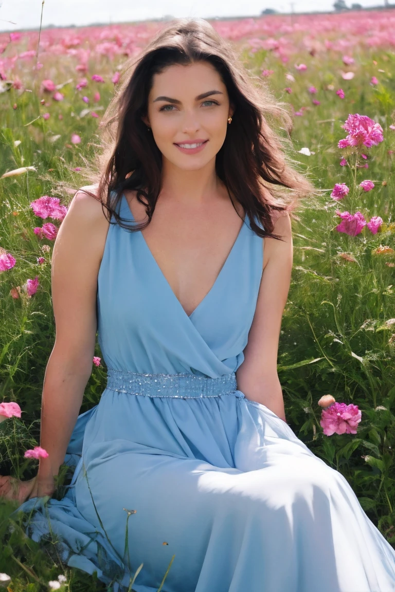 front view, Stunning and happy woman with long curly dark hair., Wearing a blue dress, sitting in a field of beautiful flowers.