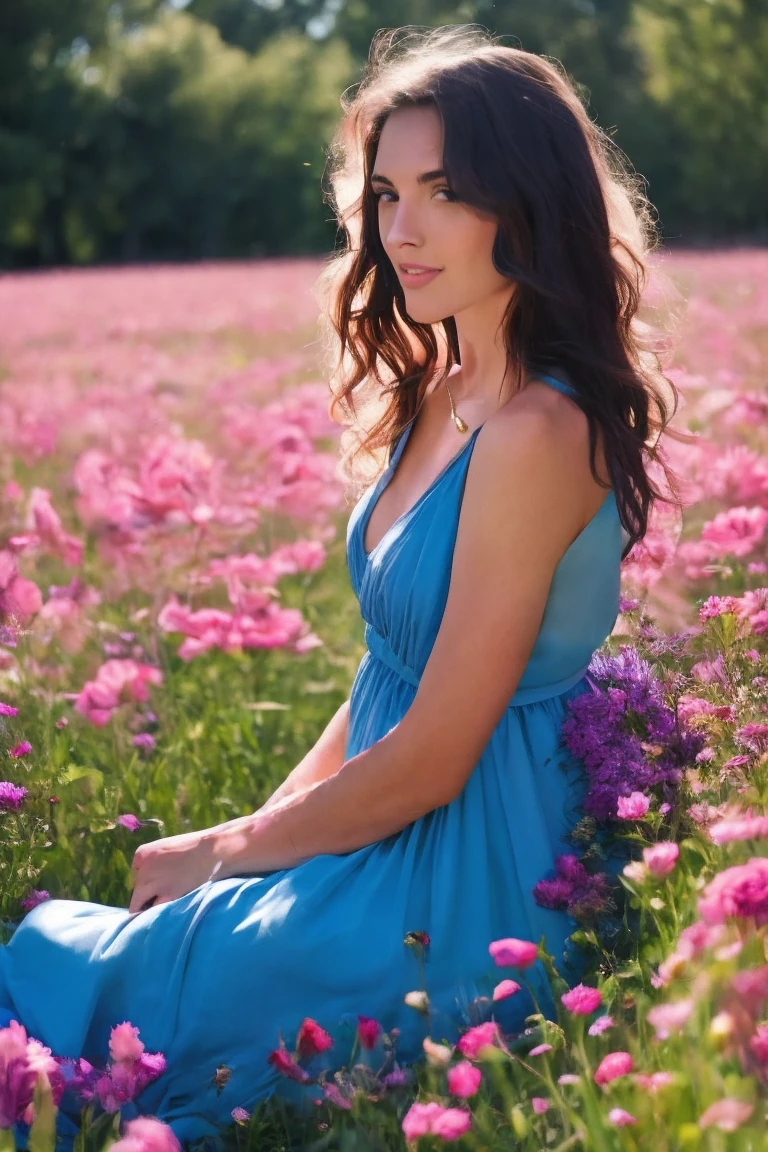 front view, Stunning and happy woman with long curly dark hair., Wearing a blue dress, sitting in a field of beautiful flowers.