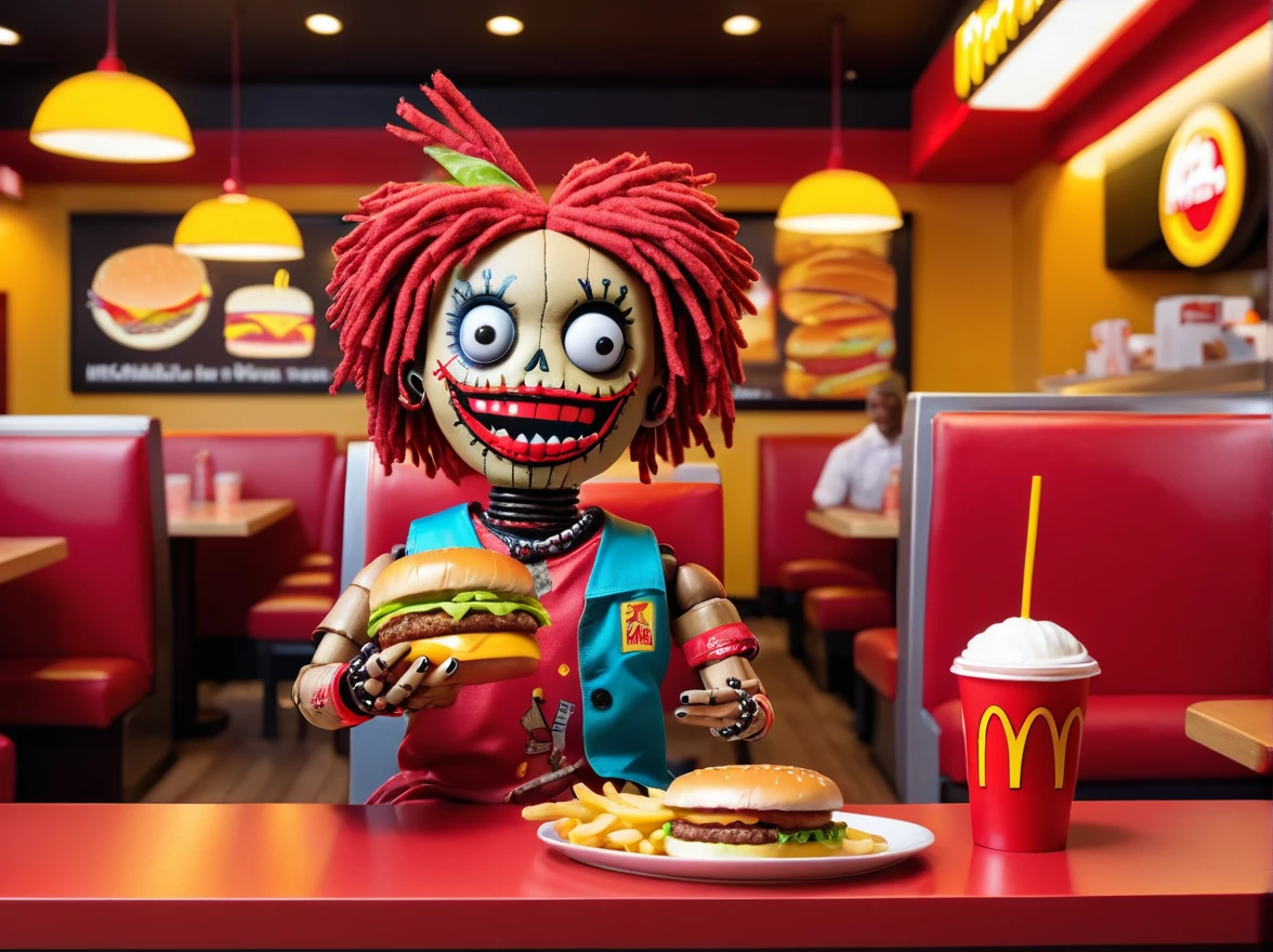 (knitted toy voodoo doll:1.8), male, sitting at a table in a McDonald's restaurant, (holding a large burger with filling in her hands:1.1), in front of her is a tray with French fries and a drink, around is a fast food atmosphere with McDonald's logos, a joyful expression on her face, the background is a bright and colorful interior of the restaurant, best quality, masterpiece, soft oil painting, detailed background, dramatic cinematic lighting, soft edge lighting, professional, dramatic lighting, hard edge lighting, ultra quality, 4k, masterpiece, best quality, 8k, super high definition, high definition, extremely detailed