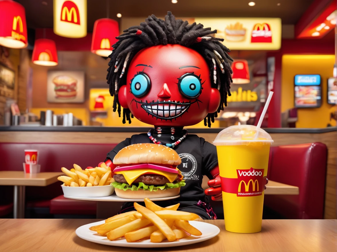 (knitted toy voodoo doll:1.8), male, sitting at a table in a McDonald's restaurant, (holding a large burger with filling in her hands:1.1), in front of her is a tray with French fries and a drink, around is a fast food atmosphere with McDonald's logos, a joyful expression on her face, the background is a bright and colorful interior of the restaurant, best quality, masterpiece, soft oil painting, detailed background, dramatic cinematic lighting, soft edge lighting, professional, dramatic lighting, hard edge lighting, ultra quality, 4k, masterpiece, best quality, 8k, super high definition, high definition, extremely detailed