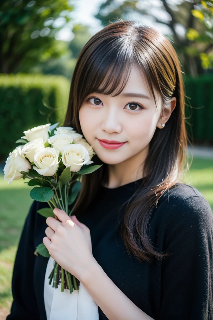 (8k, RAW Photos, highest quality、masterpiece:1.2), (Realistic、Realistic:1.37), Very detailed, High resolution, 1 girl, Laughter, View your viewers, Black clothes, Beautifully detailed face、(Holding a bouquet:1.3),Beautiful and detailed skin、Skin Texture、Floating Hair、Professional Lighting, noon