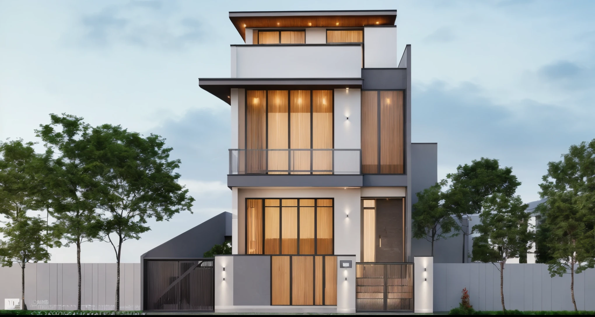 PLATFORM KTHOUSE, 1 morden villa, main material of villa about build color wall:1.2 glass panel:1.1 and stone:1.2, 1large yard, 1 road runs in front of the house, (RAW photo, real, best quality, masterpiece:1.2), look morden minimalist, 1 road in front of the house, dynamic lighting:1.3, (hyper realistic, photo-realistic:1.2), high quality, (dark lighting:1.2), perfect lighting, archdaily, no human, 1 grey rolling door:1.4, 1 gray rolling door:1.3,(Neutral lighting is suitable for the modern villa, light color thermometer sun light 5500 KEVIN), (architectural design visualization), (reflection), (focus on object), (material normal bump real reflection), (scattered light), (light ray), (multi-beam light), (sunbeam) (multi-level reflection), (chao vantge software visualization render),(((Best Quality))), ((Masterpiece)), ((best illustration)), ((best shadows)), ((Super Detail)), (Intricate lines), (Photorealism),(hyper detail), ((archdaily)), ((award winning design)), (dynamic light), ((day)), (perfect light), (shimering light), ((photorealistic)), ((intricate detail)), ((extreme detail)), ((science)), ((hyper-detail)), ((super detail)), ((super reality)), ((crazy detail)), ((octane render)), ((Cinematic)), ((trending on artstation)), ((High-fidelity)), ((Viwvid)), ((Crisp)), ((Bright)), ((Stunning)), ((Eye-catching)), ((High-quality)),((Sharp))((Bright)), ((Stunning)), Natural, ((Eye-catching)), ((Illuminating)), ((Flawless)), ((High-quality)),((Sharp edge render)), ((medium soft lighting)), ((photographic render)), ((detailed archviz)), reality environment, ((Street style space)), (((urban style space))), , Aluminum gates, (((glass balcony))), modern townhouse design windows, (((Japanese-style sloping roof)))