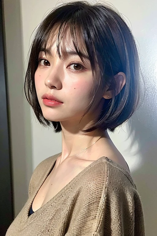 (Best quality, 8k, 32K, Masterpiece, UHD:1.2),Photo of Pretty Japanese Woman Realistic ,Very Big Realistic , Realistic Very Short Bob Hair ,Realistic upper body , sinple background, Look straight ahead for passport photo ,