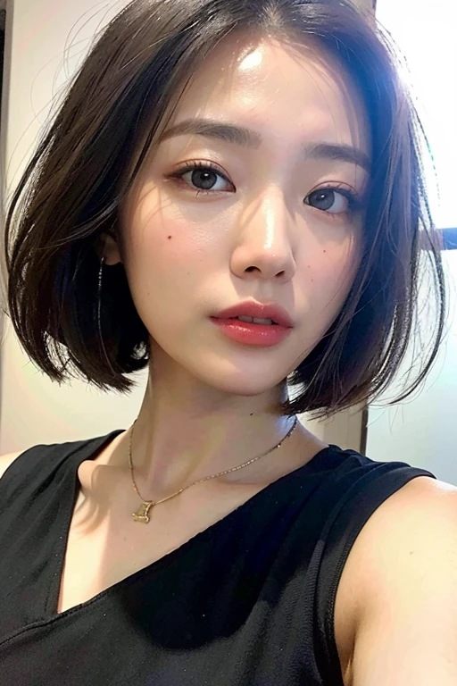 (Best quality, 8k, 32K, Masterpiece, UHD:1.2),Photo of Pretty Japanese Woman Realistic ,Very Big Realistic , Realistic Very Short Bob Hair ,Realistic upper body , sinple background, Look straight ahead for passport photo ,