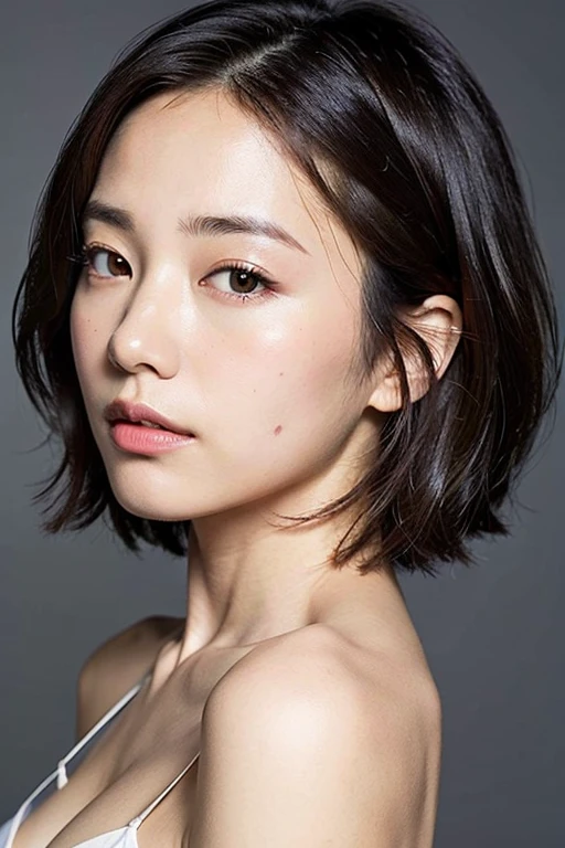 (Best quality, 8k, 32K, Masterpiece, UHD:1.2),Photo of Pretty Japanese Woman Realistic ,Very Big Realistic , Realistic Very Short Bob Hair ,Realistic upper body , sinple background, Look straight ahead for passport photo ,