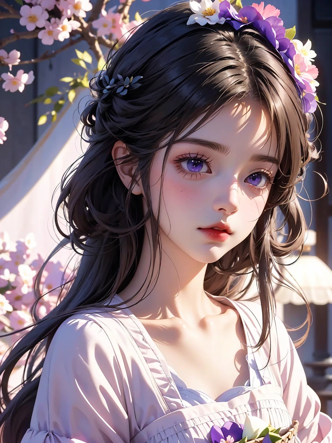 There was a girl with a basket of flowers on her head,Gorgeous and fashionable purple clothes, Realistic anime 3D style, Realistic animation girl render, 3D animation realistic, Anime styled 3d, Rendering a cute 3D anime girl, Realistic animation, surreal anime, Anime realism style, Anime style. 16K