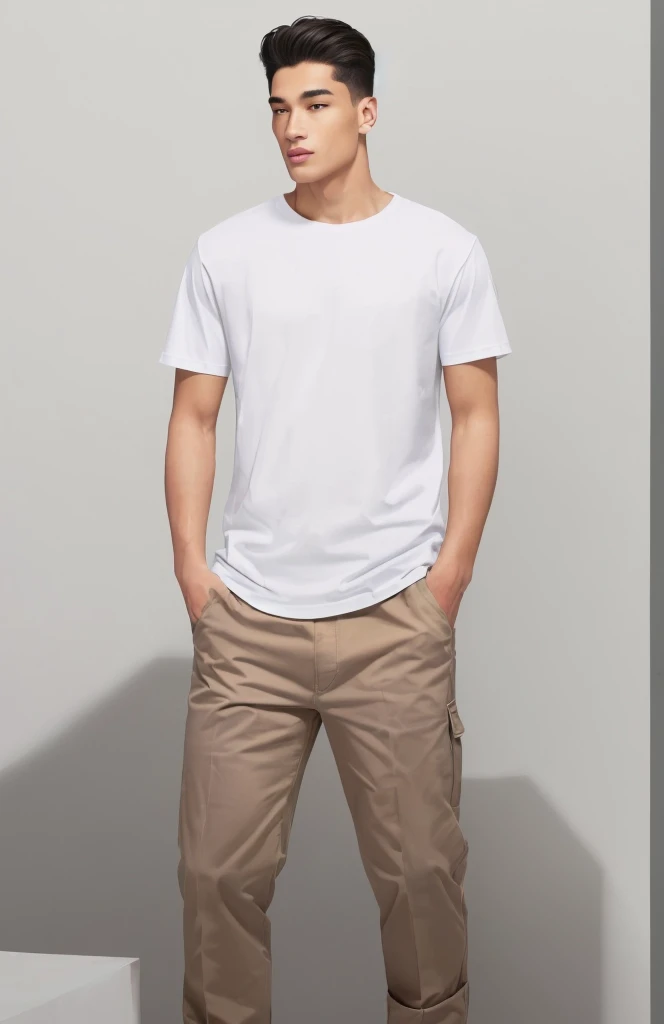 man in white shirt and khaki pants standing in front of white wall, man in White T-shirt, Official product images, Wear a white T-shirt, White T-shirt, White T-shirt, Short sleeve, dressed in a White T-shirt, Wearing pants and T-shirt, White T-shirt, modern casual clothing