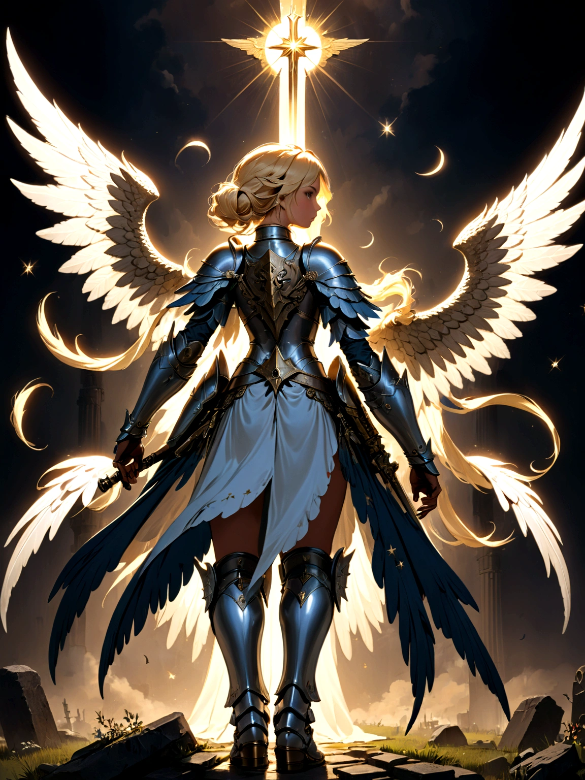 a model shot (taken from the back: 1.5), 16K, ultra detailed, masterpiece, best quality, (extremely detailed), arafed, dnd art, portrait, full body, aasimar, female, (Masterpiece 1.3, intense details), female, paladin, holy warrior, spread large feathered wings, (wings growing from the back: 1.3), majestic wings, white angelic wings spread (Masterpiece, intense details: 1.5), moon light, moon, stars, clouds, holy symbol, armed with sword, short blond hair, dark fantasy cemetery background, anatomically correct (Masterpiece 1.3, intense details), angel_wings, determined face, god rays, cinematic lighting, glowing light, silhouette, from outside, photorealism, panoramic view (Masterpiece 1.3, intense details) , Wide-Angle, Ultra-Wide Angle, 16k, highres, best quality, high details, armored dress, AngelStyle,
