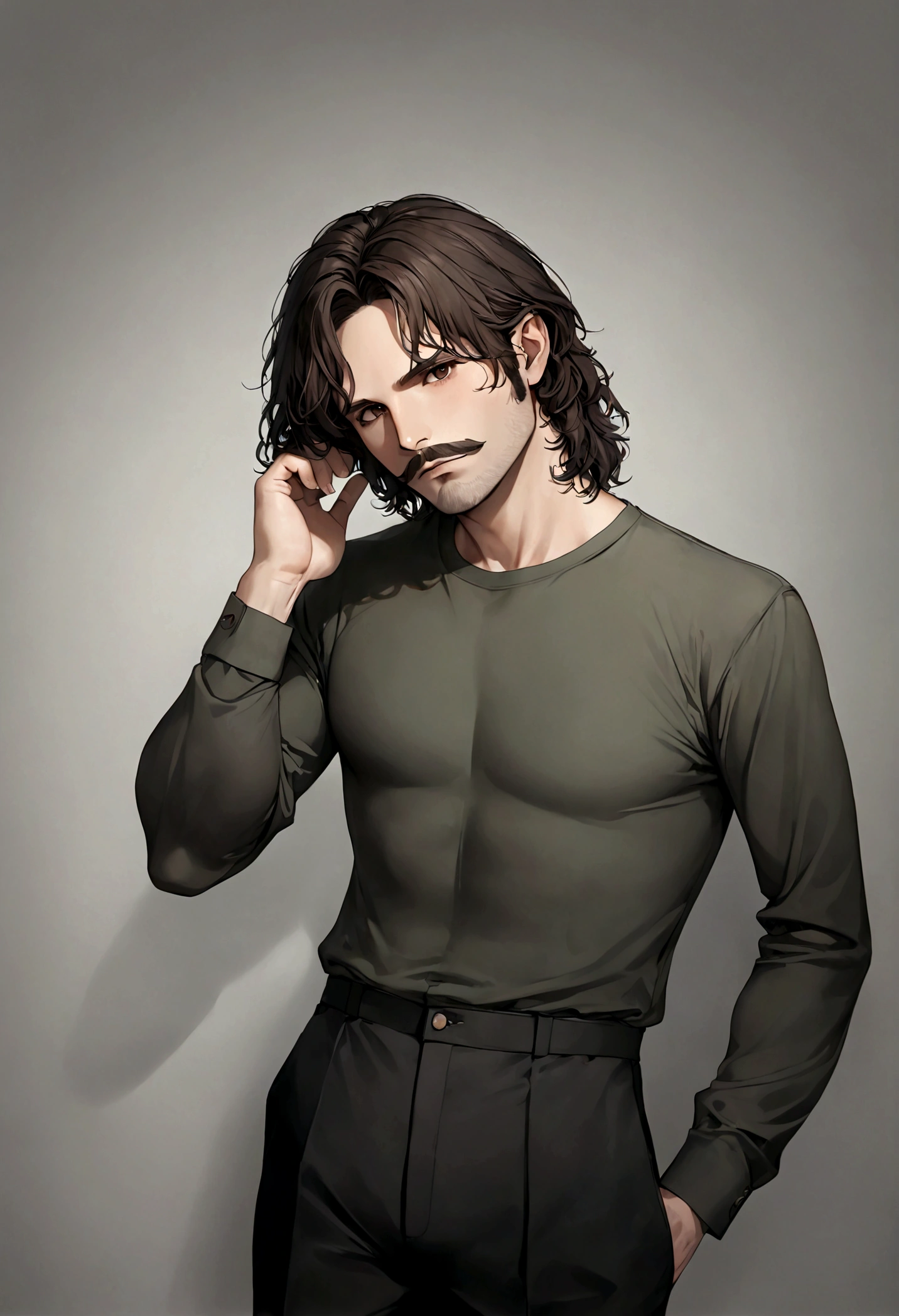 (traje de etiqueta para hombre), ), ((bigote estilo Van Dyke y (barba de chivo))), (light brown eyes), Aspecto atractivo y serio, cabello largo oscuro, messy hair, Elegante y con estilo, Camiseta de cuerpo fuerte , Un hombre similar al actor Jim Morrison, (Imagen realista y de alta calidad), Apartamento escandinavo en el fondo simple de un cuarto, ((La mejor calidad, 8K, obra maestra).((pose dinamica))